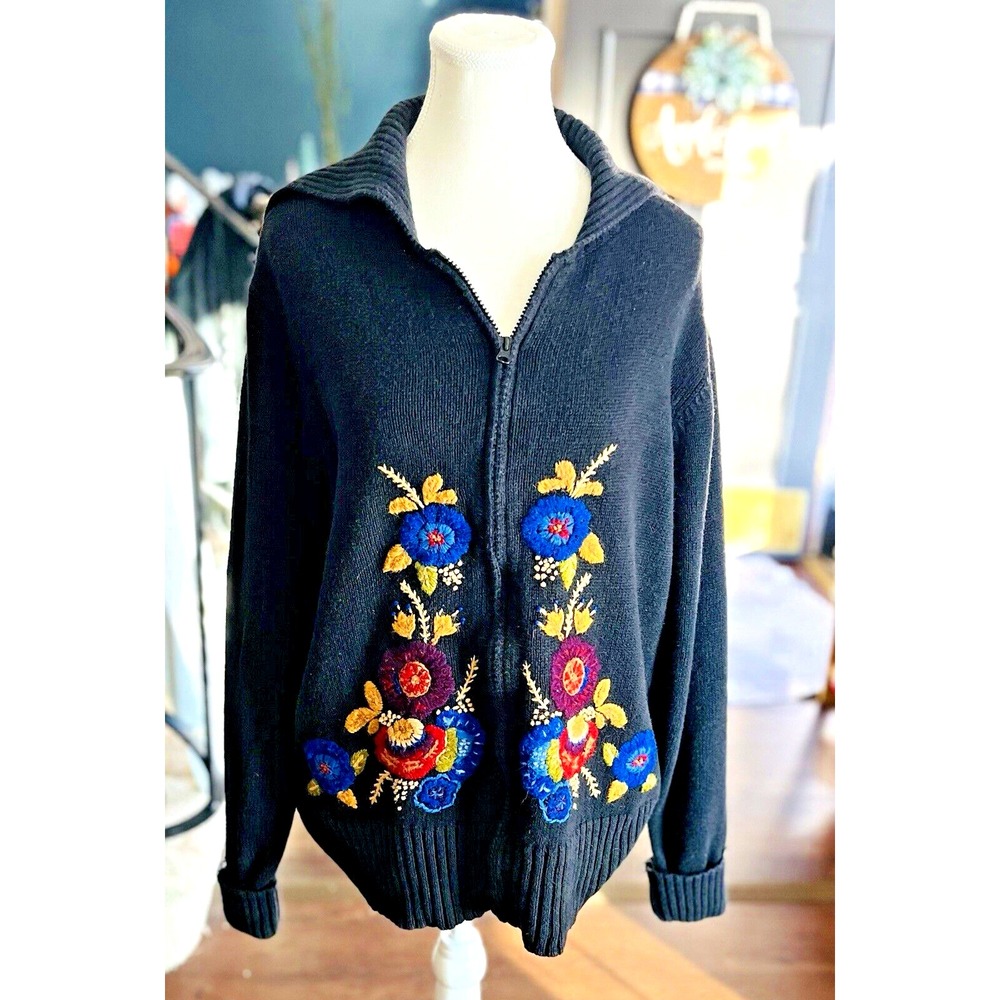 Victoria Jones Vintage Sweater Size 2X Black Beaded Embroidered floral‎ Colorful